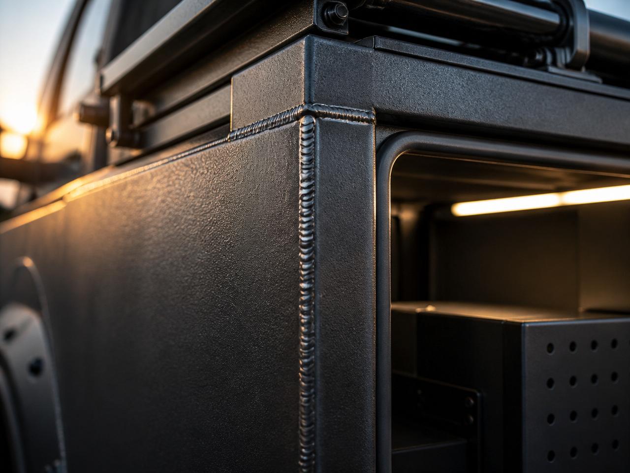 Precision TIG weld bead on a matte black powder-coated service body, with an LED strip glowing inside